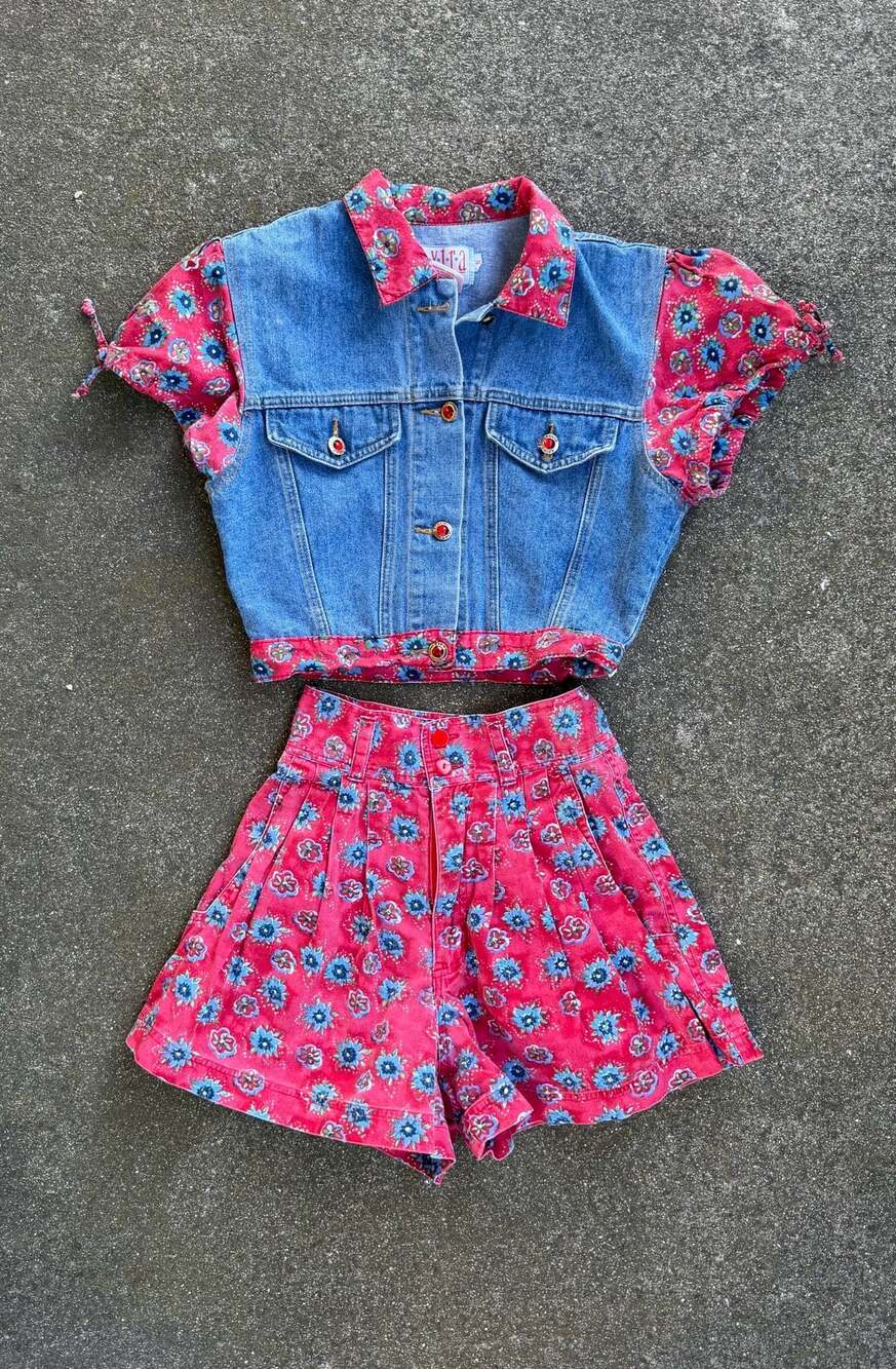 Vintage e.x.t.r.a. International Sportswear Floral Denim Two-Piece Set Size 3